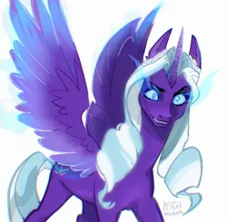 Size: 2290x2242 | Tagged: safe, artist:peachmichea, derpibooru import, alicorn, pony, g5, spoiler:g5, curved horn, eye mist, female, glow, glowing eyes, horn, image, jpeg, opaline arcana, simple background, solo, white background