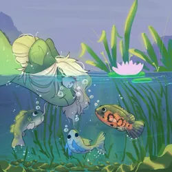Size: 1080x1080 | Tagged: safe, artist:akiiichaos, derpibooru import, oc, unofficial characters only, fish, pony, commission, female, image, jpeg, lilypad, pond, underwater, water, ych result