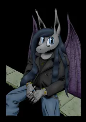 Size: 911x1280 | Tagged: safe, artist:darkhestur, derpibooru import, oc, oc:dark, anthro, bat pony, anthro oc, bat pony oc, bat wings, bracelet, claws, clothes, denim, image, jacket, jeans, jewelry, leather, leather jacket, looking at you, mixed media, pants, pendant, png, ring, shirt, sitting, stone, t-shirt, wings