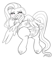 Size: 1228x1400 | Tagged: safe, artist:lavenderkatze, derpibooru import, fluttershy, pegasus, pony, air pushed out of diaper, blushing, diaper, diaper fetish, eyes closed, fetish, image, jpeg, pacifier, poofy diaper, sketch, solo, wing hands, wings