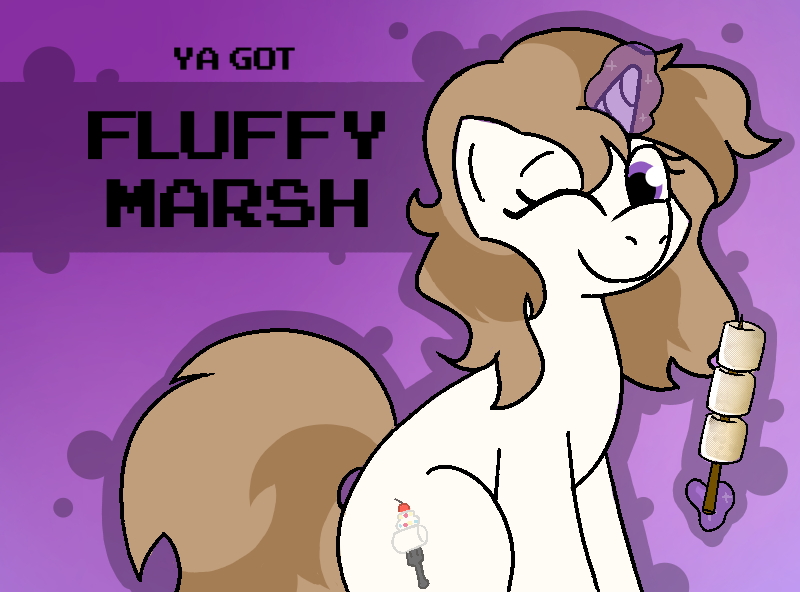 Size: 800x592 | Tagged: safe, derpibooru import, oc, oc:fluffymarsh, pony, unicorn, banned from equestria daily, brown mane, brown tail, cutie mark, female, food, happy, horn, image, looking at you, magic, mare, marshmallow, one eye closed, png, purple background, purple eyes, silly, silly pony, simple background, sitting, solo, stick, tail, telekinesis, unicorn oc, wink, winking at you, ya got