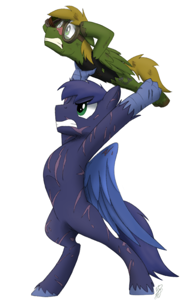 Size: 606x979 | Tagged: safe, artist:brisineo, derpibooru import, oc, oc:murky, pegasus, fallout equestria, fallout equestria: murky number seven, angry, bipedal, clothes, fanfic art, goggles, image, png, scar, scared, simple background, talons, throwing, transparent background, unshorn fetlocks