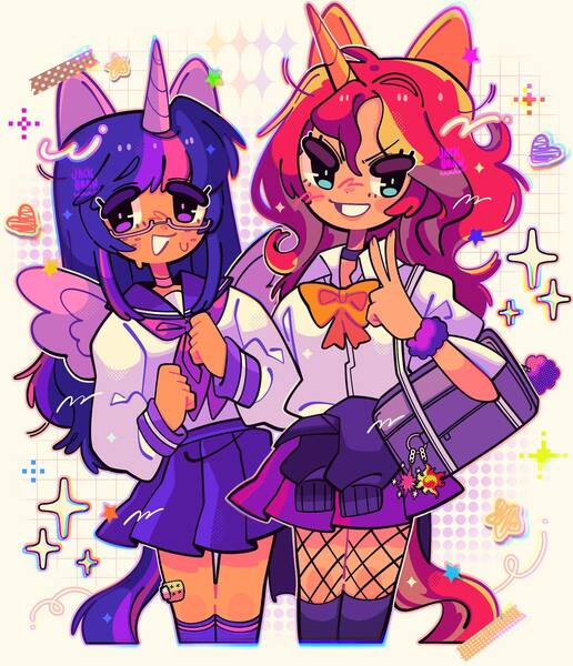 Size: 1440x1673 | Tagged: safe, artist:jack0ran, derpibooru import, sunset shimmer, twilight sparkle, human, alicorn humanization, choker, clothes, duo, duo female, female, fishnets, freckles, glasses, hoodie, horn, horned humanization, humanized, image, jpeg, knee high socks, peace sign, pegasus wings, pony ears, purse, ribbon, sailor uniform, skirt, socks, sweat, sweatdrop, unicorn horn, uniform, winged humanization, wings