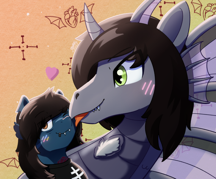 Size: 2780x2296 | Tagged: safe, artist:backgroundpony#f352, derpibooru import, oc, unofficial characters only, earth pony, pony, siren, undead, zombie, zombie pony, bags under eyes, blushing, clothes, commission, cute, derpibooru exclusive, eyes open, face licking, fangs, fins, horn, image, licking, male, png, scar, shirt, signature, siren oc, stallion, stallion oc, tattoo, tongue out, torn ear