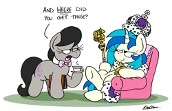 Size: 2500x1611 | Tagged: safe, artist:bobthedalek, derpibooru import, octavia melody, vinyl scratch, earth pony, pony, unicorn, armchair, book, chair, crown, cup, image, jewelry, octavia is not amused, png, regalia, scepter, smug, teacup, twilight scepter, unamused