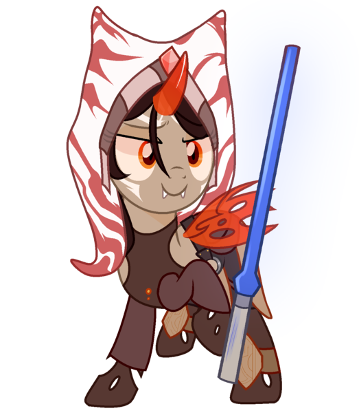 Size: 1319x1512 | Tagged: safe, artist:idkhesoff, derpibooru import, oc, oc:holocron, unofficial characters only, alien, changeling, hybrid, pony, togruta, belt, changeling hybrid, clothes, curved horn, fangs, female, horn, image, jedi, knee pads, lightsaber, mare, markings, pants, png, simple background, skirt, solo, star wars, tanktop, transparent background, weapon