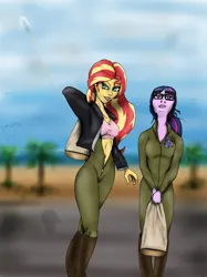 Size: 1235x1650 | Tagged: safe, derpibooru import, sci-twi, sunset shimmer, twilight sparkle, human, equestria girls, aside glance, breasts, cleavage, clothes, fanfic art, female, flight suit, image, jpeg, lesbian, looking at you, scitwishimmer, shipping, sideways glance, sunsetsparkle