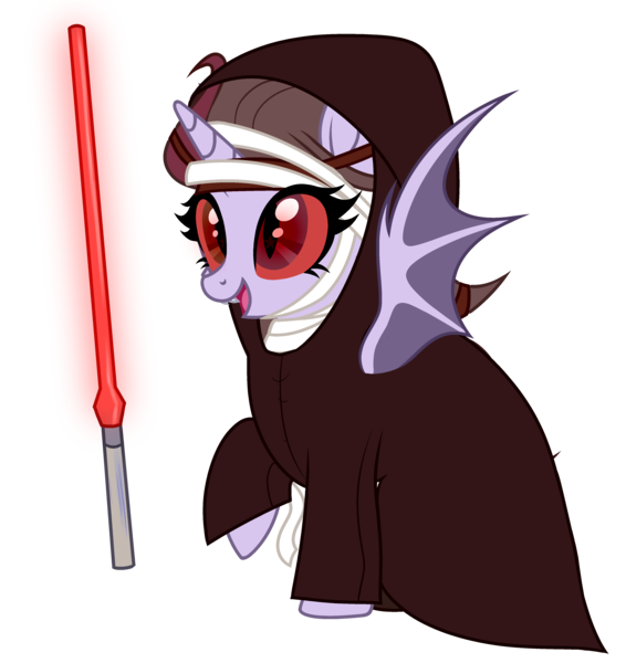 Size: 3808x4040 | Tagged: safe, artist:idkhesoff, derpibooru import, oc, oc:darth vexus, unofficial characters only, alicorn, alien, bat pony, bat pony alicorn, pony, alicorn oc, bandage, bat pony oc, bat wings, clothes, colored sclera, fangs, female, horn, image, lightsaber, mare, open mouth, png, raised hoof, red eyes, robe, simple background, sith, solo, star wars, transparent background, weapon, wings