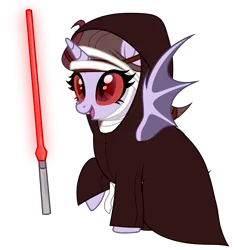 Size: 3808x4040 | Tagged: safe, artist:idkhesoff, derpibooru import, oc, oc:darth vexus, unofficial characters only, alicorn, alien, bat pony, bat pony alicorn, pony, alicorn oc, bandage, bat pony oc, bat wings, clothes, colored sclera, fangs, female, horn, image, lightsaber, mare, open mouth, png, raised hoof, red eyes, robe, simple background, sith, solo, star wars, transparent background, weapon, wings