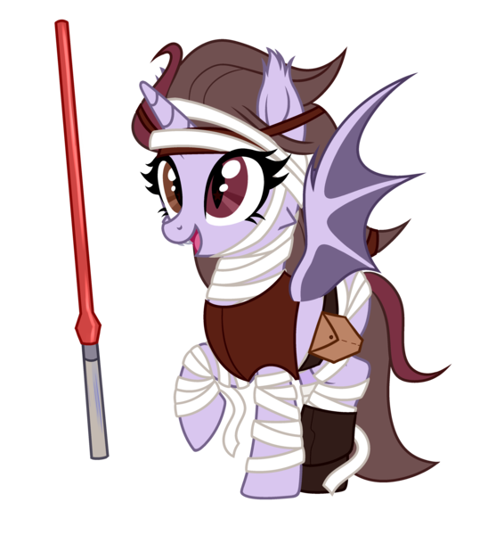 Size: 3808x4040 | Tagged: safe, alternate version, artist:idkhesoff, derpibooru import, oc, oc:darth vexus, unofficial characters only, alicorn, alien, bat pony, bat pony alicorn, pony, alicorn oc, bandage, bat pony oc, bat wings, belt, boots, clothes, fangs, female, horn, image, lightsaber, mare, open mouth, png, raised hoof, red eyes, shoes, simple background, sith, solo, star wars, tanktop, transparent background, weapon, wings