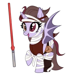 Size: 3808x4040 | Tagged: safe, alternate version, artist:idkhesoff, derpibooru import, oc, oc:darth vexus, unofficial characters only, alicorn, alien, bat pony, bat pony alicorn, pony, alicorn oc, bandage, bat pony oc, bat wings, belt, boots, clothes, fangs, female, horn, image, lightsaber, mare, open mouth, png, raised hoof, red eyes, shoes, simple background, sith, solo, star wars, tanktop, transparent background, weapon, wings