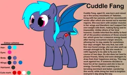 Size: 8192x4849 | Tagged: safe, artist:cardshark777, derpibooru import, oc, oc:cuddle fang, bat pony, pony, bat pony oc, bat wings, colored background, digital art, female, generic bat pony oc, image, mare, png, ponytail, reference sheet, smiling, solo, spread wings, standing, text, wings