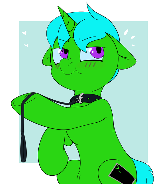 Size: 2500x2757 | Tagged: safe, artist:nevermore228, derpibooru import, oc, oc:green byte, pony, unicorn, blushing, collar, image, leash, male, png, stallion