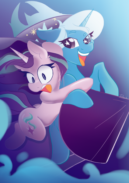 Size: 3508x4960 | Tagged: safe, artist:dankpegasista, derpibooru import, starlight glimmer, trixie, pony, unicorn, >:), abstract background, absurd resolution, accessory swap, butt, clothes, colored eyelashes, colored lineart, colored pupils, confident, cute, derpibooru exclusive, diatrixes, digital art, duo, ear fluff, eyebrows, female, flying, full body, glimmerbetes, grabbing, gradient background, happy, hat, high res, highlights, holding a pony, horn, image, lesbian, long hair, looking to the left, mare, open mouth, out of frame, plot, png, poster, purple eyes, raised eyebrow, riding, rocket, scared, shading, shipping, shocked, shrunken pupils, sideways glance, signature, simple background, simple shading, smoke, starry eyes, stars, startrix, sternocleidomastoid, surprised, teeth, tongue out, toy interpretation, trixie's hat, trixie's rocket, wall of tags, wind, windswept mane, wingding eyes