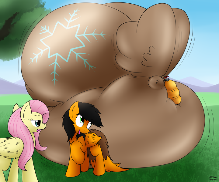 Size: 3600x3000 | Tagged: questionable, artist:the-furry-railfan, derpibooru import, fluttershy, oc, oc:twintails, oc:winterlight, pegasus, air tank, balloon, belly, big belly, butt, grass, grass field, huge belly, huge butt, image, impossibly large belly, impossibly large butt, inflatable, inflated ears, inflated wings, inflation, large butt, mountain, mountain range, p 235, png, size difference, this will end in balloons, unamused, wings