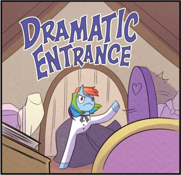 Size: 589x570 | Tagged: safe, derpibooru import, idw, rainbow dash, spoiler:comic, book, clothes, dramatic entrance, dress, frown, image, mannequin, my little pony classics reimagined: little fillies, png, ponyquin