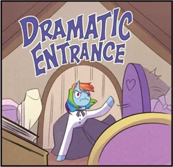 Size: 589x570 | Tagged: safe, derpibooru import, idw, rainbow dash, spoiler:comic, book, clothes, dramatic entrance, dress, frown, image, mannequin, my little pony classics reimagined: little fillies, png, ponyquin