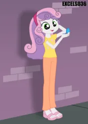Size: 661x935 | Tagged: safe, artist:excelso36, derpibooru import, part of a set, sweetie belle, human, equestria girls, brick wall, clothes, commission, hand mirror, high heels, image, jpeg, shoes, sidewalk, smiling, solo