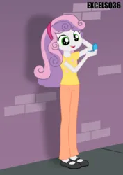 Size: 661x935 | Tagged: safe, artist:excelso36, derpibooru import, part of a set, sweetie belle, human, equestria girls, brick wall, clothes, commission, hand mirror, image, jpeg, shoes, sidewalk, smiling, solo