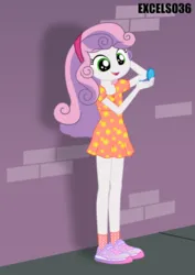 Size: 661x935 | Tagged: safe, artist:excelso36, derpibooru import, part of a set, sweetie belle, human, equestria girls, brick wall, clothes, commission, hand mirror, image, jpeg, shoes, sidewalk, smiling, solo