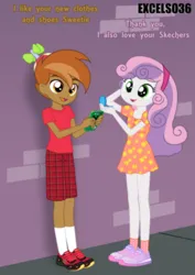 Size: 661x935 | Tagged: safe, artist:excelso36, derpibooru import, part of a set, button mash, sweetie belle, human, equestria girls, brick wall, clothes, commission, image, jpeg, lidded eyes, mirror, mobile phone, phone, shoes, sidewalk, smiling, solo
