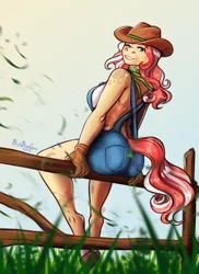 Size: 2430x3330 | Tagged: safe, artist:blackblood-queen, derpibooru import, oc, oc:cinnamon "cider" meadow, unofficial characters only, anthro, earth pony, pony, unguligrade anthro, anthro oc, breasts, breeze, clothes, commission, cowboy hat, digital art, earth pony oc, female, gloves, grass, grin, hat, image, mare, one eye closed, overalls, png, smiling, solo, stetson, wink