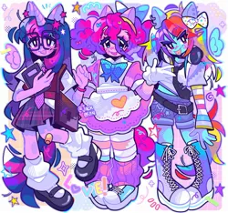 Size: 2048x1915 | Tagged: safe, artist:jack0ran, derpibooru import, pinkie pie, rainbow dash, twilight sparkle, human, alicorn humanization, apron, bag, bandaid, belt, book, bow, clothes, dress, ear piercing, female, glasses, gloves, hair bow, hairband, hairclip, headband, headphones, horn, horned humanization, humanized, image, jpeg, necktie, pegasus wings, piercing, pony ears, shoes, shorts, skirt, socks, stockings, thigh highs, tongue piercing, trio, trio female, unicorn horn, winged humanization, wings