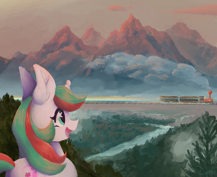 Size: 6904x5612 | Tagged: safe, artist:cupute, derpibooru import, gusty, oc, oc:gusty winds, unicorn, alternate universe, digital art, forest, gusty winds, image, jpeg, lineless, mountain, mountain range, painting, river, scenery, scenery porn, train, tree, water