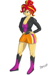 Size: 2480x3508 | Tagged: safe, artist:nyxsof, derpibooru import, sunset shimmer, equestria girls, alternate hairstyle, boots, clothes, female, hand on hip, image, jacket, jpeg, leather, leather jacket, shoes, signature, simple background, skirt, solo, white background