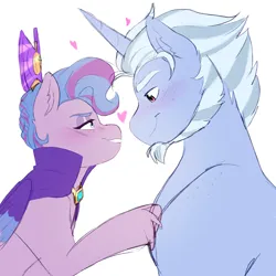 Size: 3300x3300 | Tagged: safe, artist:starsbursts, derpibooru import, alphabittle (g5), queen haven, pegasus, pony, unicorn, g5, alphahaven, blushing, duo, female, heart, hoof on chest, image, lidded eyes, looking at each other, looking at someone, male, mare, png, shipping, simple background, smiling, stallion, straight, white background