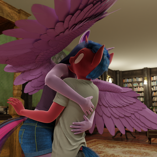 Size: 1792x1792 | Tagged: safe, artist:stellarator, derpibooru import, twilight sparkle, twilight sparkle (alicorn), oc, oc:juicebox, alicorn, anthro, unguligrade anthro, comic:a morning with the night, 3d, blender, blender cycles, bookshelf, comic, cycles render, glomp, hug, image, png