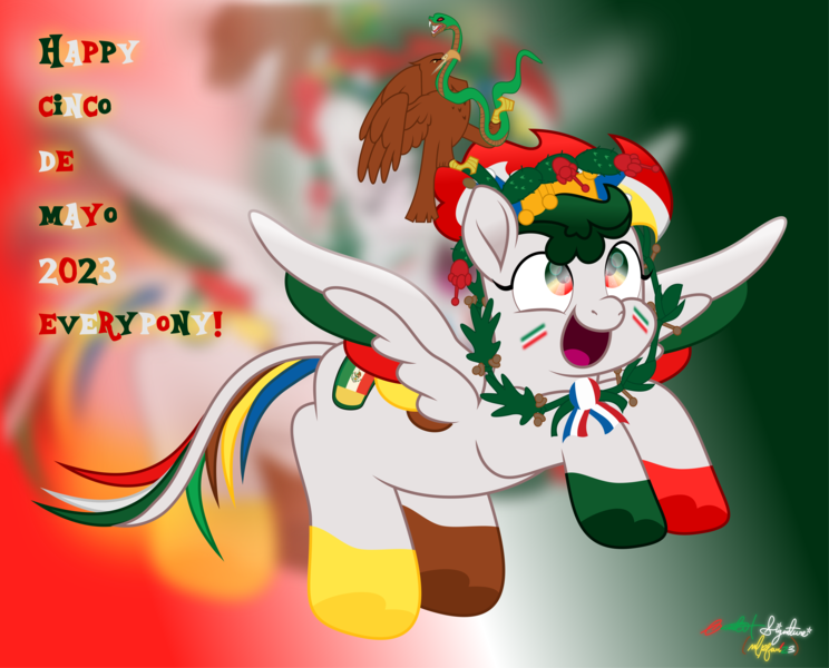 Size: 5772x4652 | Tagged: safe, artist:lincolnbrewsterfan, derpibooru import, oc, oc:mayonnaise cinch, ponified, unofficial characters only, bird, eagle, pegasus, pony, snake, .svg available, 2023, :d, adorable face, big smile, celebration, chest feathers, chest fluff, cinco de mayo, claw hold, claws, clothes, coat markings, colored wings, colored wingtips, colors, crown, cute, cute face, cute smile, depth of field, droste effect, equestria (font), face paint, female, flag, floral head wreath, flower, flying, folded wings, food, gradient background, happy, holiday, hooves, image, inkscape, jar, jewelry, leaves, leonine tail, looking up, mare, mayonnaise, memorial, mexican, mexican flag, mexico, mismatched socks, mismatched tail, mouth hold, movie accurate, multicolored eyes, multicolored hooves, multicolored mane, multicolored tail, multicolored wings, nc-tv signature, open mouth, open smile, patron, pegasus oc, platform, png, recursion, recursive fanart, regalia, representative, ribbon, rose, rule 85, sauce, short mane, signature, simple background, smiling, socks, socks (coat marking), solo, spread wings, tail, tail feathers, text, transparent background, vector, wings, wreath