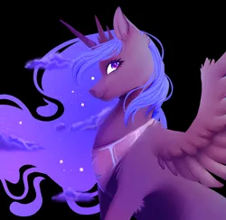 Size: 3889x3801 | Tagged: safe, artist:snailswails, derpibooru import, princess luna, alicorn, pony, black background, ethereal mane, female, image, mare, png, profile, simple background, smiling, solo, spread wings, wings