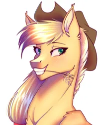 Size: 1280x1446 | Tagged: safe, artist:snailswails, derpibooru import, applejack, earth pony, pony, applejack's hat, bust, cowboy hat, female, grin, hat, image, jpeg, lidded eyes, mare, portrait, simple background, smiling, solo, straw in mouth, white background