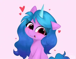 Size: 1368x1074 | Tagged: safe, artist:petaltwinkle, derpibooru import, izzy moonbow, pony, unicorn, g5, eye clipping through hair, female, floating heart, heart, image, jpeg, looking at you, mare, open mouth, open smile, pink background, simple background, smiling, smiling at you, solo