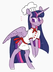Size: 540x729 | Tagged: safe, artist:jellybeanbullet, derpibooru import, twilight sparkle, twilight sparkle (alicorn), alicorn, pony, bipedal, chef's hat, clothes, colored hooves, female, hat, image, no pupils, png, simple background, solo, white background