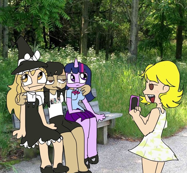 Size: 917x852 | Tagged: safe, artist:anonymare, derpibooru import, twilight sparkle, anthro, human, unicorn, :t, arm on shoulder, bench, butters stotch, clothes, crossover, equestria girls outfit, female, image, jpeg, kirisame marisa, lesbian, marjorine, mobile phone, phone, polyamory, self insert, smoking, south park, taking a photo, touhou