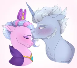 Size: 1280x1126 | Tagged: safe, artist:primrosepaper, derpibooru import, alphabittle (g5), queen haven, pegasus, pony, unicorn, g5, alphahaven, blushing, crown, duo, duo male and female, eyes closed, female, image, jewelry, jpeg, male, mare, regalia, shipping, stallion, straight