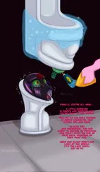 Size: 770x1320 | Tagged: semi-grimdark, suggestive, artist:stoopedhooy, derpibooru import, king sombra, unicorn, bondage, broken horn, crying, dialogue, encasement, eyes on the prize, gag, horn, image, imminent oral, imminent sex, implied princess cadance, latex, latex suit, living toilet, male, malesub, objectification, offscreen character, open mouth, png, ring gag, rubber, stuck, submissive, text, through wall, toilet slave, tongue out, urinal