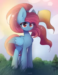 Size: 1700x2200 | Tagged: safe, artist:miryelis, derpibooru import, oc, oc:rainven wep, unofficial characters only, pegasus, pony, big ears, flag, forest, grass, image, png, ponytail, red eyes, signature, sky, smiling, solo, sparkles, standing, tail, tree