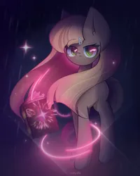 Size: 1600x2000 | Tagged: safe, artist:miryelis, derpibooru import, oc, oc:shenn brale, unofficial characters only, earth pony, pony, big ears, book, dark background, glow, glowing eyes, image, long hair, looking at you, magic, png, signature, solo, sparkles, standing