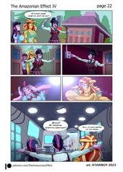 Size: 2726x3802 | Tagged: safe, artist:atariboy2600, artist:bluecarnationstudios, derpibooru import, sci-twi, spike, sunset shimmer, twilight sparkle, dog, human, comic:the amazonian effect, comic:the amazonian effect iv, equestria girls, breasts, buff breasts, busty sci-twi, busty sunset shimmer, clothes, comic, duality, female, grin, image, muscles, muscular female, open mouth, png, sci-twi's house, smiling, spike the dog, sunset lifter, twolight