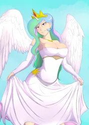 Size: 2894x4093 | Tagged: safe, artist:symptom99, derpibooru import, princess celestia, human, alicorn humanization, bare shoulders, big breasts, breasts, busty princess celestia, cleavage, clothes, crown, dress, high res, horn, horned humanization, humanized, image, jewelry, looking at you, png, regalia, smiling, solo, strapless, winged humanization, wings