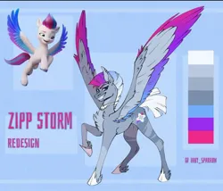 Size: 712x609 | Tagged: safe, artist:inky_sparrow, derpibooru import, zipp storm, pegasus, pony, g5, blue background, color palette, female, flying, image, jpeg, mare, name, redesign, signature, simple background, solo, solo female, spread wings, wings