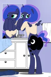 Size: 1556x2368 | Tagged: safe, artist:redpaladin, derpibooru import, princess luna, alicorn, human, pony, bathroom, butt, cutie mark, human to pony, image, looking at you, male to female, moonbutt, plot, png, rule 63, short tail, shy, small wings, tail, transformation, transgender transformation, wings