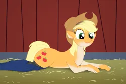 Size: 2351x1567 | Tagged: safe, artist:redpaladin, derpibooru import, applejack, earth pony, human, pony, butt, clothes, cutie mark, human to pony, image, lying down, male to female, png, prone, rule 63, transformation, transgender transformation