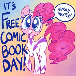 Size: 1280x1280 | Tagged: safe, artist:pfeffaroo, derpibooru import, fili-second, pinkie pie, earth pony, pony, caption, free comic book day, gradient background, grin, image, jpeg, looking at you, power ponies, smiling, solo, speech bubble, text