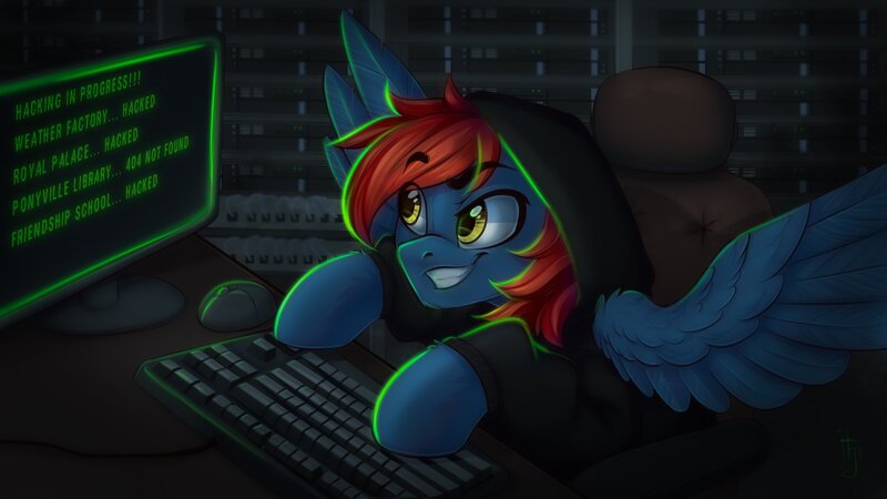 Size: 2048x1152 | Tagged: safe, artist:falafeljake, derpibooru import, oc, oc:firewire, unofficial characters only, pegasus, pony, chair, clothes, computer mouse, eye clipping through hair, eyebrows, eyebrows visible through hair, hacker, hoodie, image, jpeg, keyboard, male, monitor, signature, solo, spread wings, stallion, wings