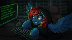 Size: 2048x1152 | Tagged: safe, artist:falafeljake, derpibooru import, oc, oc:firewire, unofficial characters only, pegasus, pony, chair, clothes, computer mouse, eye clipping through hair, eyebrows, eyebrows visible through hair, hacker, hoodie, image, jpeg, keyboard, male, monitor, signature, solo, spread wings, stallion, wings
