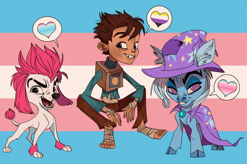 Size: 1280x853 | Tagged: safe, artist:heebjeeb, derpibooru import, trixie, dog, human, pony, poodle, unicorn, 100% wolf, freddy lupin, image, jpeg, pride, pride flag, transgender pride flag